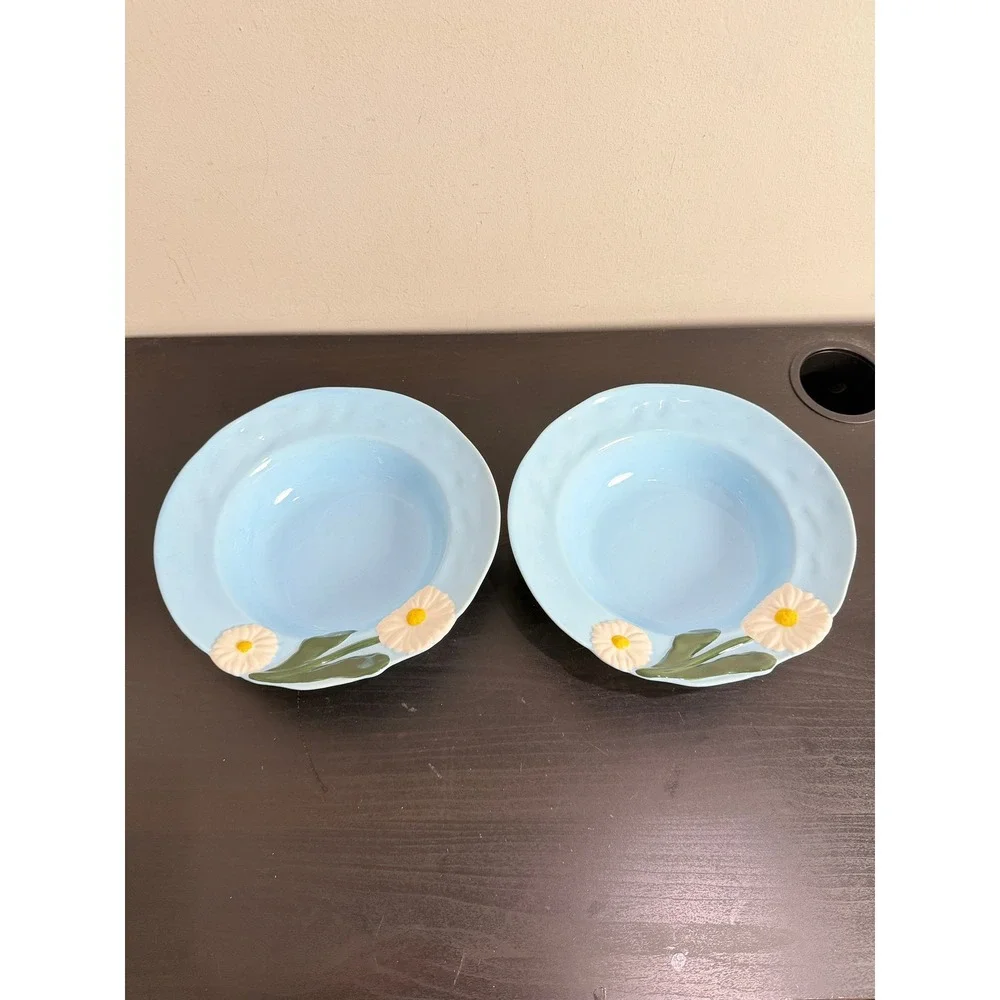Anthropologie Blue Foster Daisy Ceramic Pasta Bowls Set of 2 Floral Boho 9in